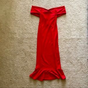 PLT Red Bardot Frill Hem Dress